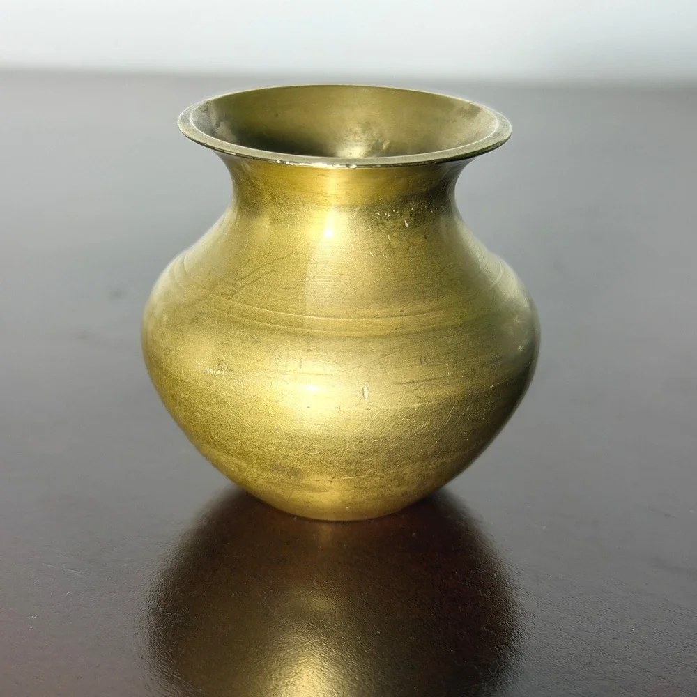 Vintage Miniature Brass Vase Small Round Bud Vase Gold Tone Decor 2.5